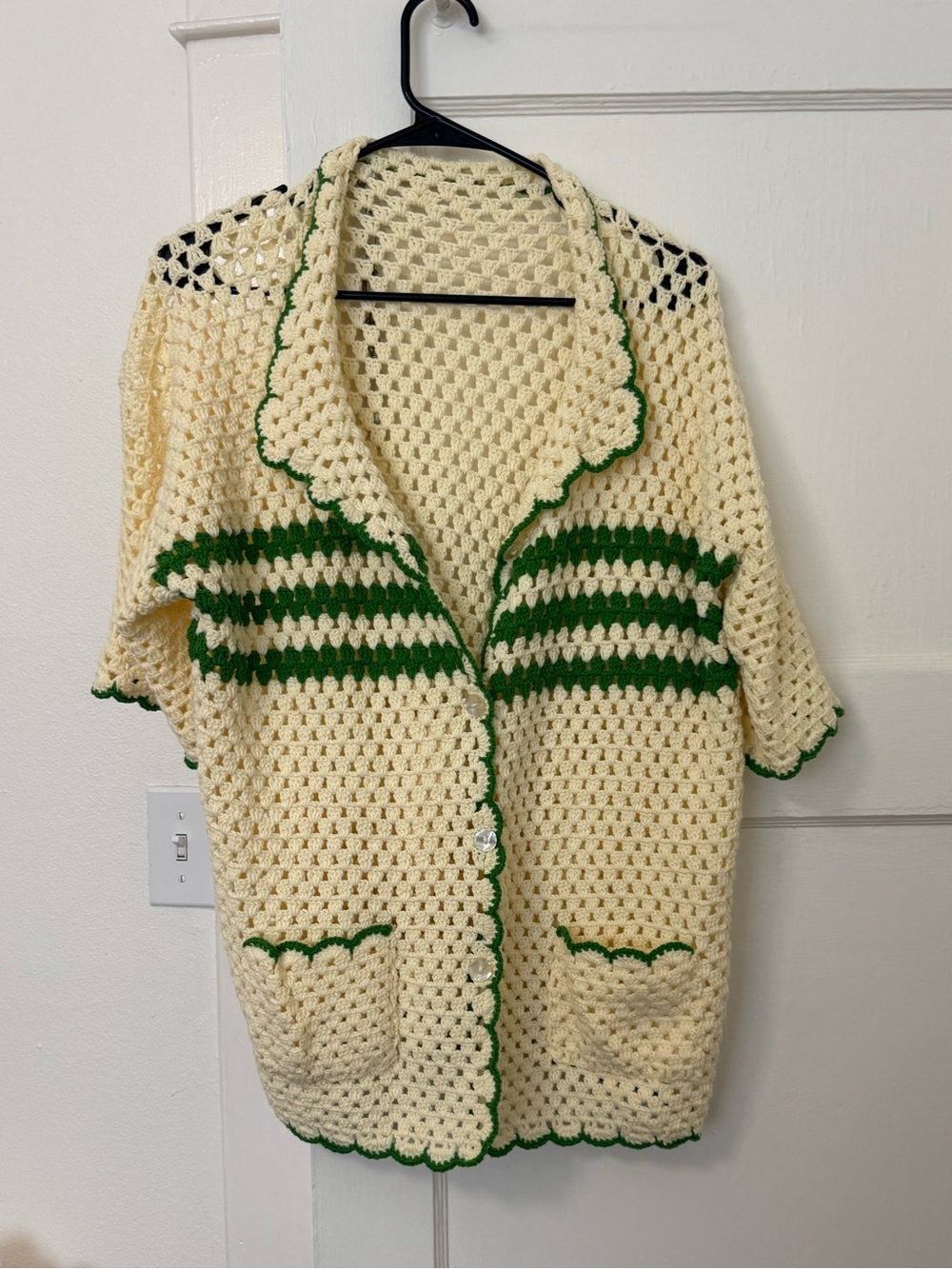 Cream Crochet Short-Sleeve Button Front Top with Green Trim